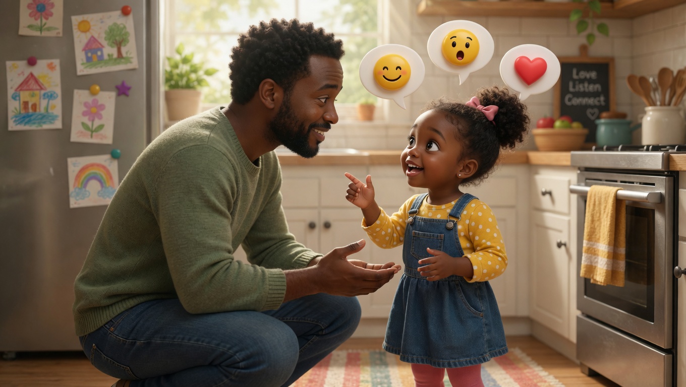 Father kneeling to eye level with young daughter, emotion speech bubbles visible