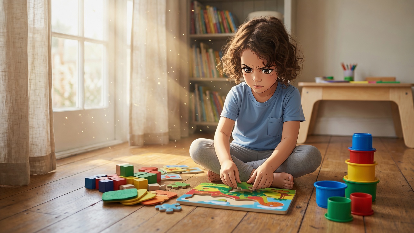 Child focused on puzzles and counting blocks
