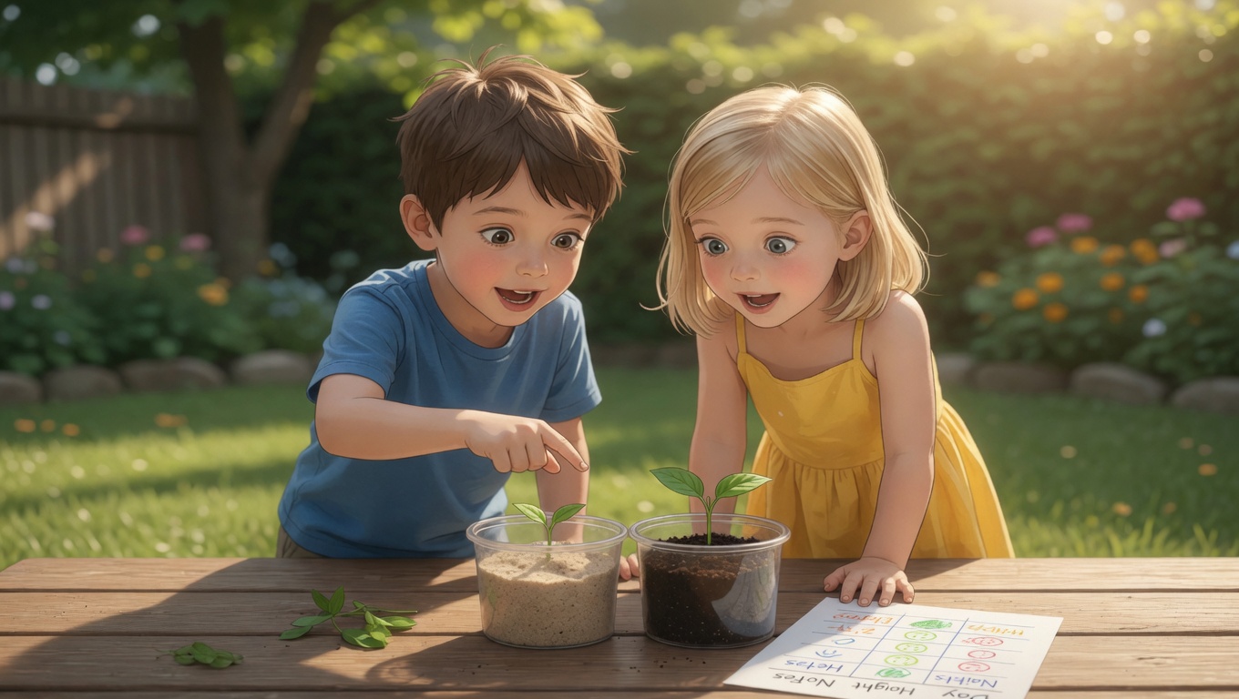 Two children observing seedling experiments with a growth chart